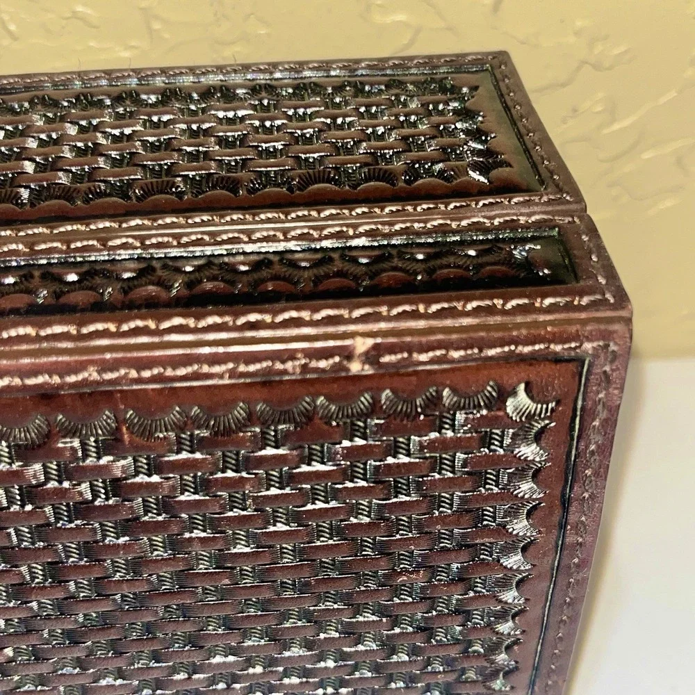 Tooled Leather Basket Weave Trinket Box with Lid Western Office